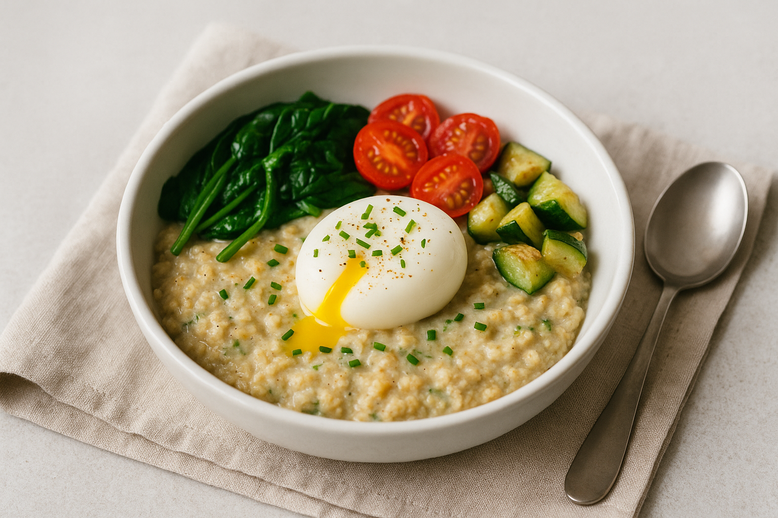 Idée petit-déjeuner : Porridge aux légumes et œuf mollet