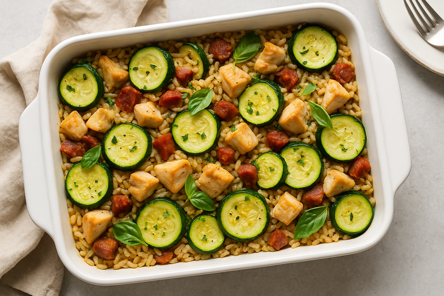 Idée repas rapide : One pot riz, poulet, courgettes et chorizo