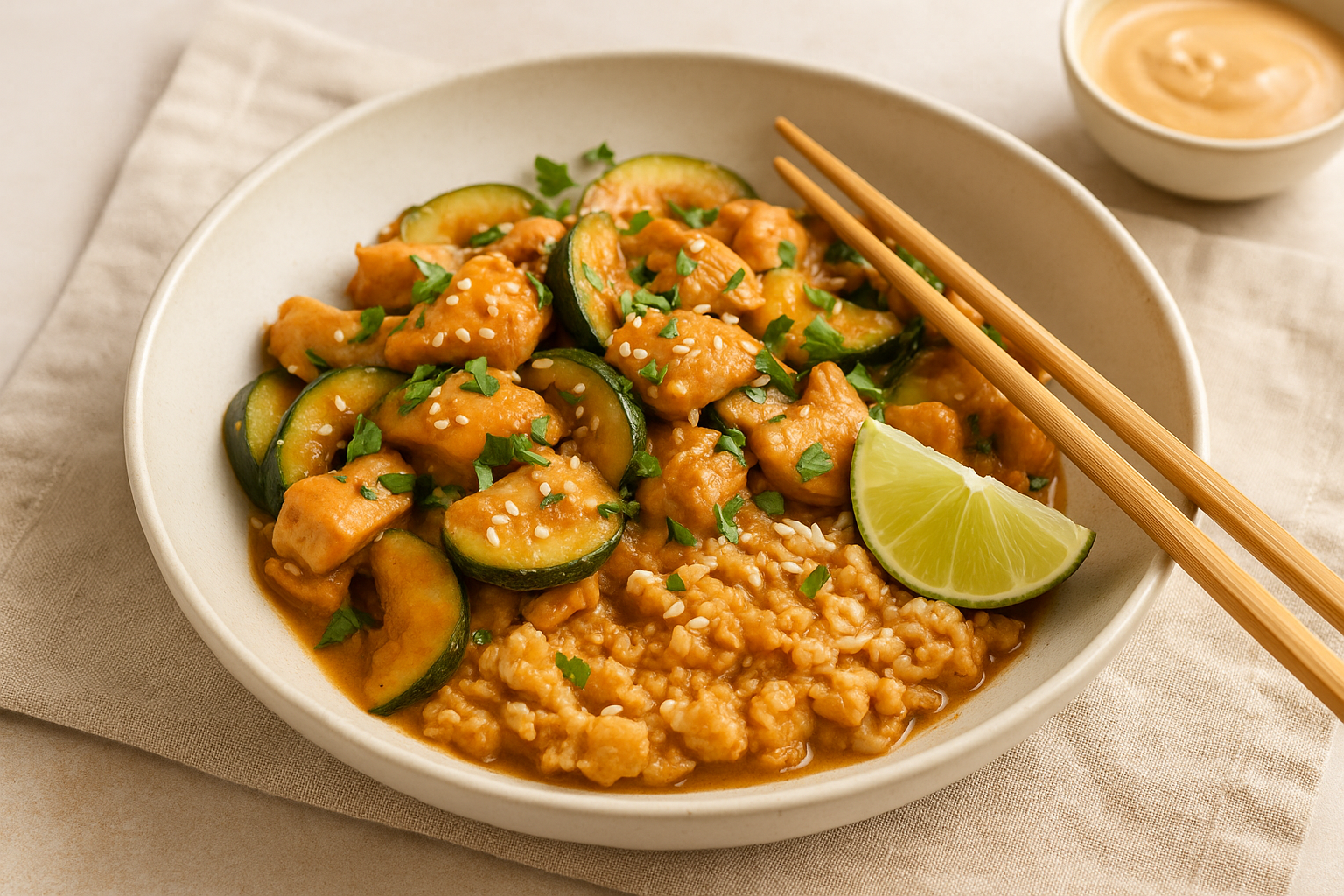 Idée repas : Wok poulet, courgette & sauce cacahuète au gingembre