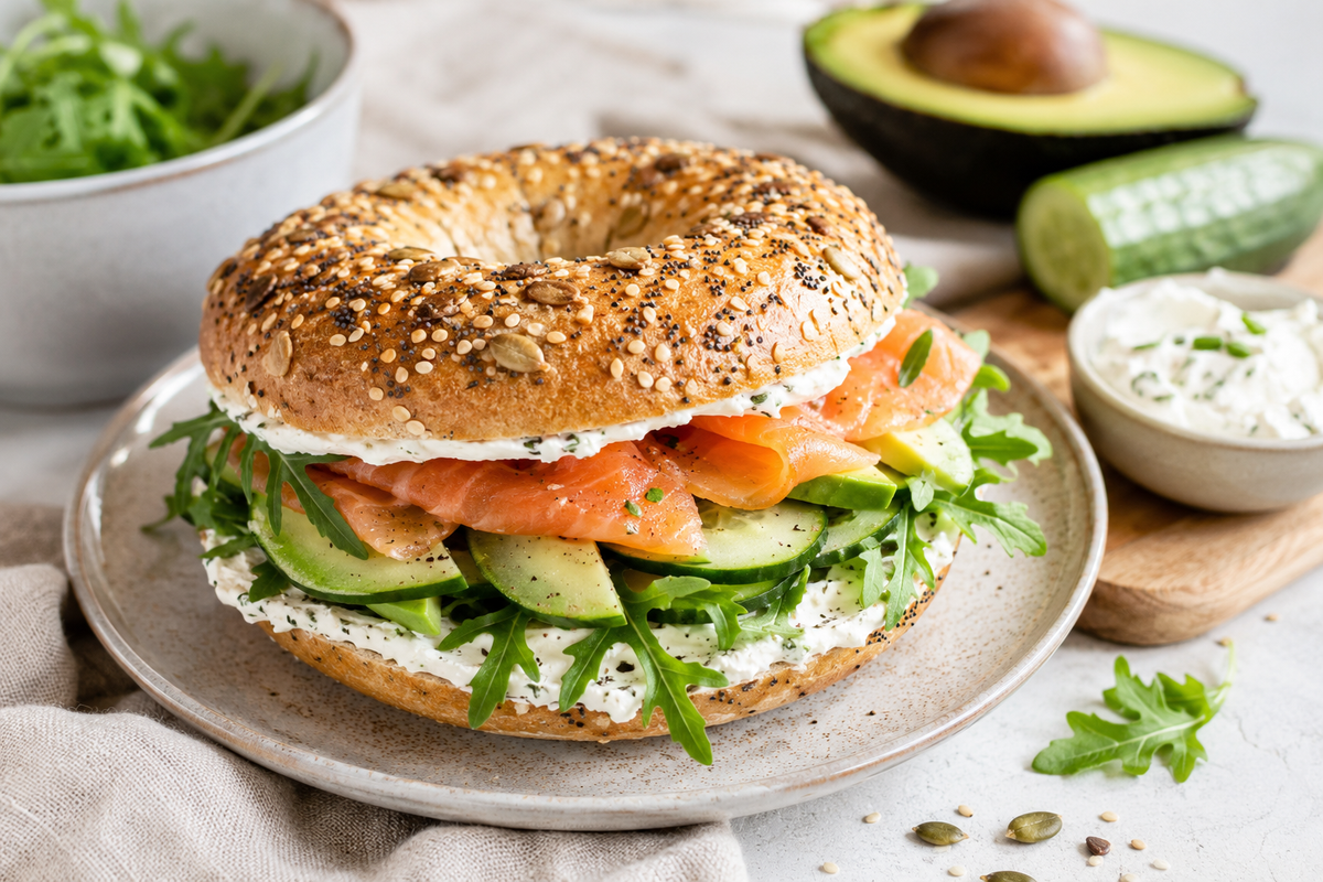 Idée petit-déjeuner protéiné : Bagel à la truite fumée