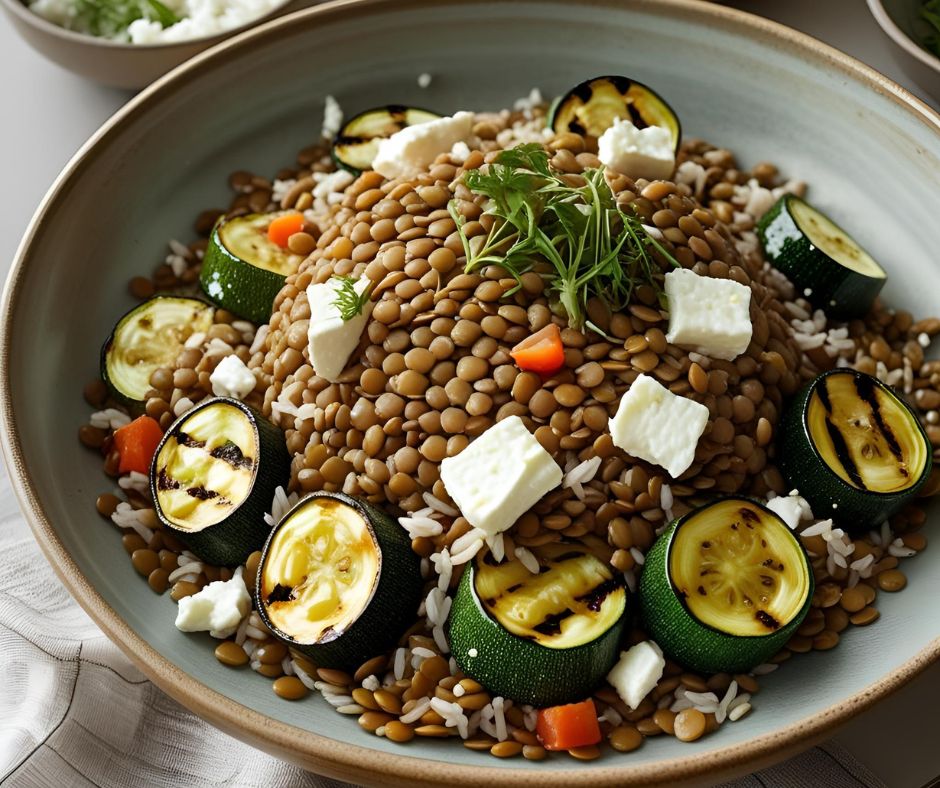 🌿 Salade de lentilles corail, courgettes grillées et feta