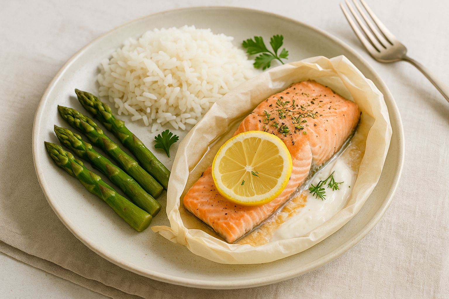 Idée repas : Saumon en Papillote, riz et asperges